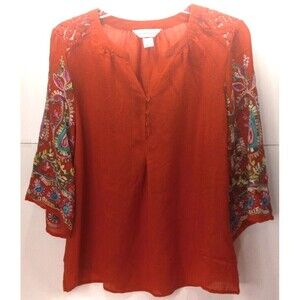 Small Burnt Orange Sheer Tunic 3/4 Sleeve Festival Embroidery Lace Boho Floral